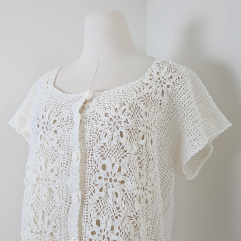 Vintage Crochet Button Down Cardigan Short Sleeve Size Medium - Picture 8 of 10